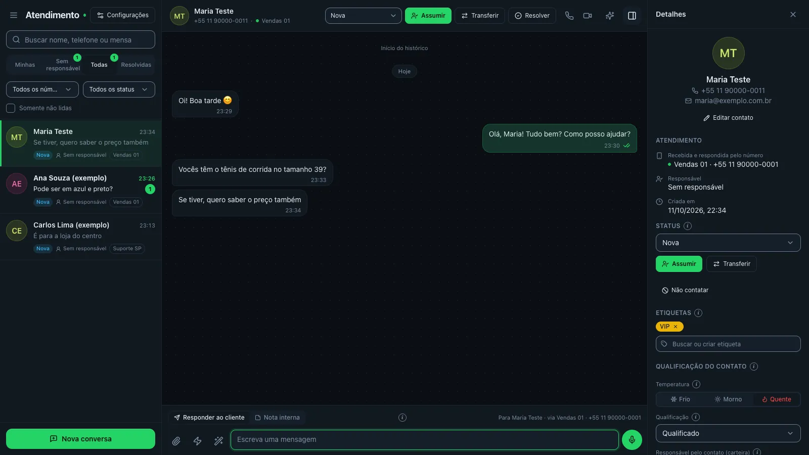 Atendimento do Zynzap: lista de conversas com filas Minhas, Sem responsável, Todas e Resolvidas, a conversa aberta com a cliente e o painel de detalhes com responsável, status, etiqueta VIP e temperatura